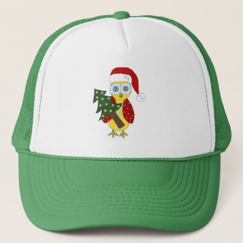 Owl in a Red Hat with Christmas Tree