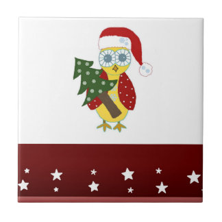 Owl in a Santa Hat with Christmas Tree Ceramic Tile