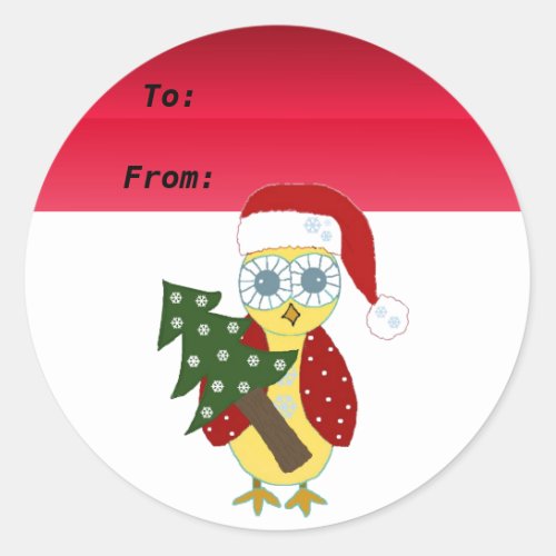 Owl in a Santa Hat with Christmas Tree Classic Round Sticker