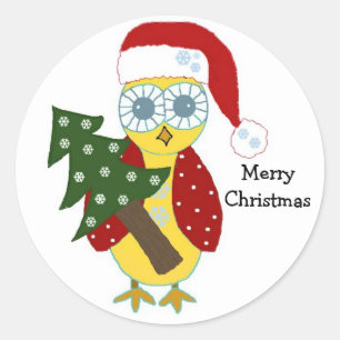 Owl in a Santa Hat with Christmas Tree Classic Round Sticker