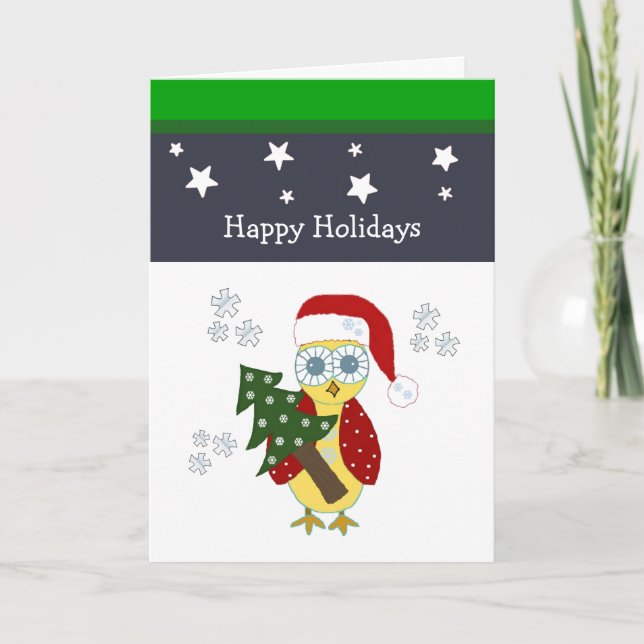 Owl in a Santa Hat with Christmas Tree Holiday Card (Front)