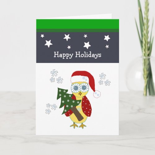 Owl in a Santa Hat with Christmas Tree Holiday Card