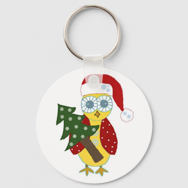 Owl in a Santa Hat with Christmas Tree Keychain (Front)