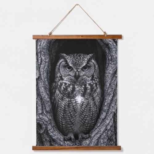 Owl in a Tree Hollow Black and White Hanging Tapestry