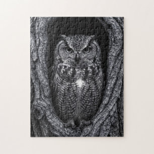 Owl in a Tree Hollow Black and White Jigsaw Puzzle