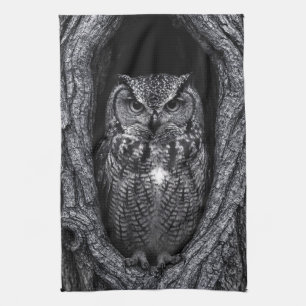 Owl in a Tree Hollow Black and White Kitchen Towel
