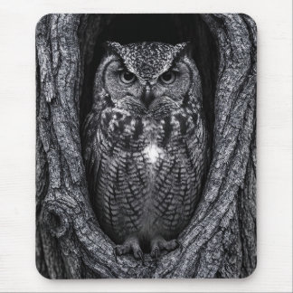 Owl in a Tree Hollow Black and White Mouse Pad