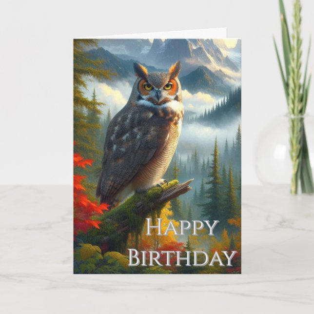 Owl in Autumn Mens Happy Birthday  Card (Front)