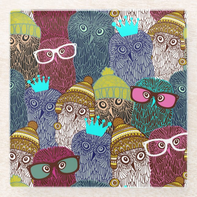 Owl in crown glass coaster (Front)