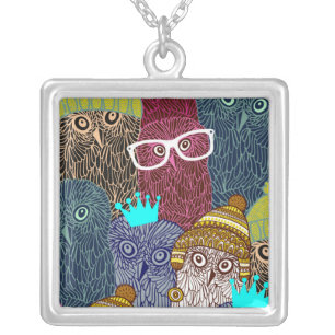 Owl in crown silver plated necklace