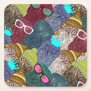 Owl in crown square paper coaster