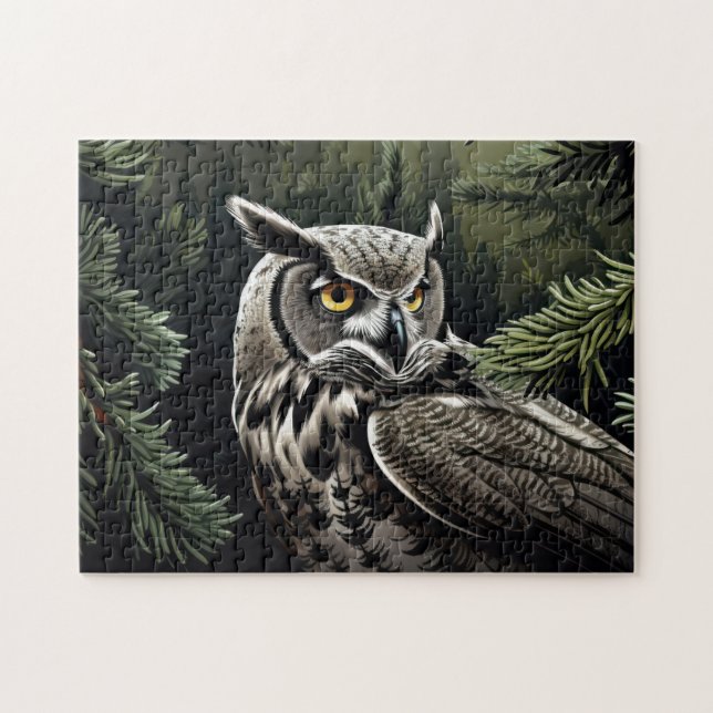 Owl in evergreen forest jigsaw puzzle (Horizontal)