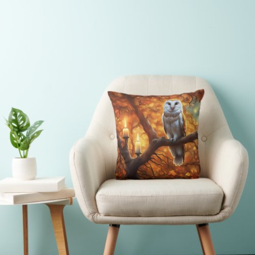 Owl in Fall Foliage Candles Gothic Throw Pillow