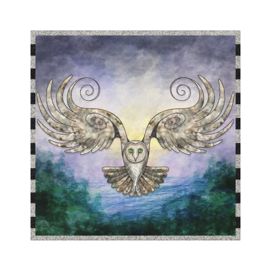 Owl In Flight Over Pine Forest At Dawn Canvas Print