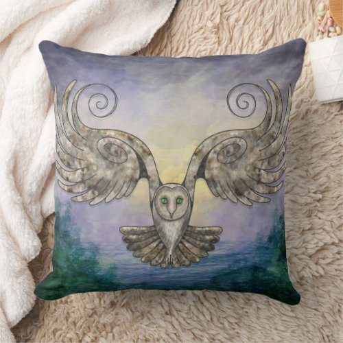 Owl In Flight Over Pine Forest At Dawn Throw Pillow