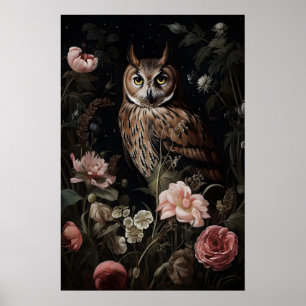 Owl In Flower Printable, Portrait Floral Owl Wall Poster