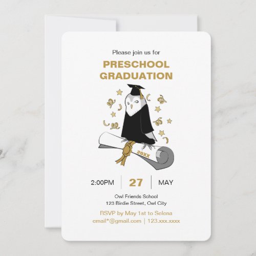 Owl in Gown and Cap Childrens Graduation Ceremony Invitation