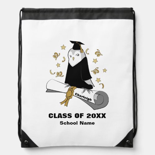 Owl in Gown and Cap Childrens Graduation Drawstring Bag