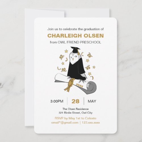 Owl in Gown and Cap Childrens Graduation Party Invitation