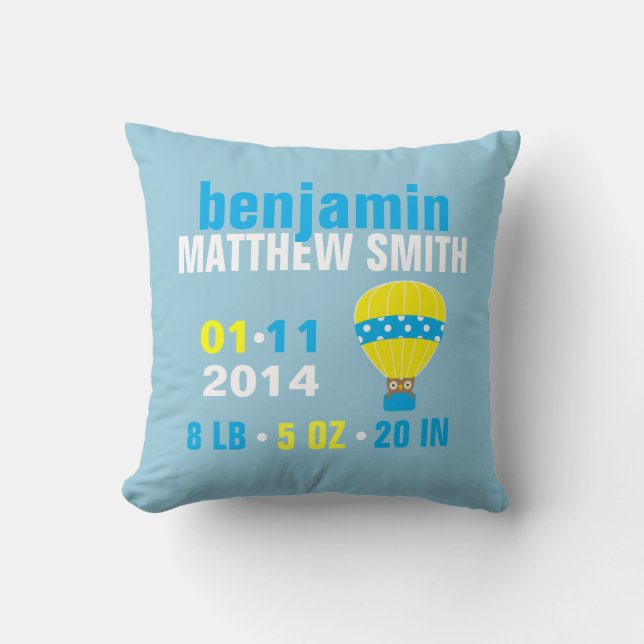 Owl in Hot Air Balloon Baby Birth Announcement Throw Pillow (Front)