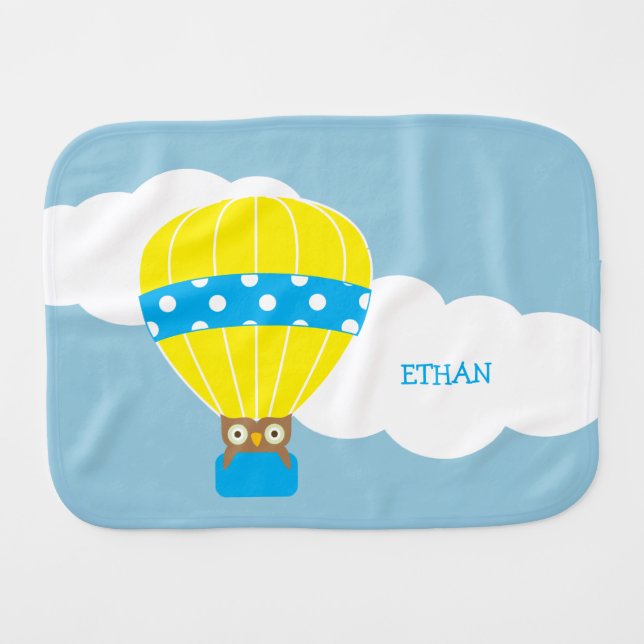 Owl in Hot Air Balloon Personalized Baby Burp Cloth (Front Horizontal)