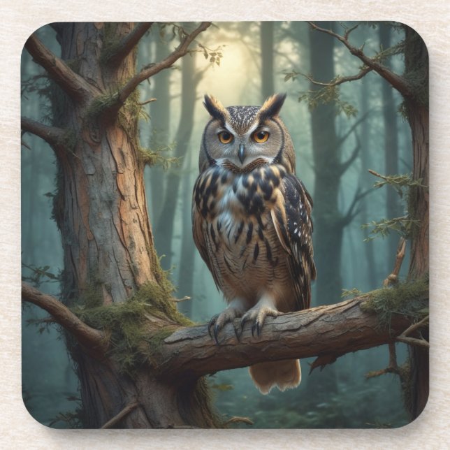 Owl in Magical Forest Beverage Coaster (Front)