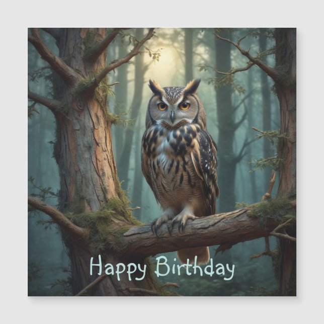 Owl in Magical Forest Magnetic Birthday Card (Front)