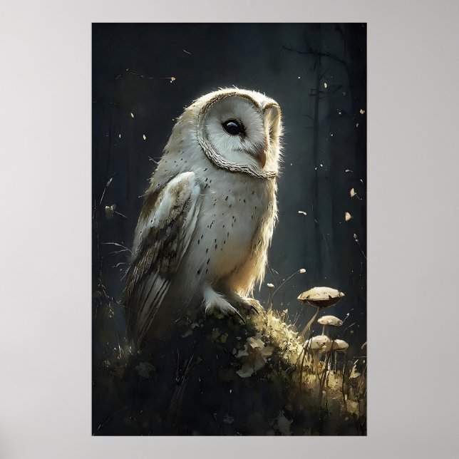 Owl In Moody Forest Wall Print, Owl Botanical Poster (Front)