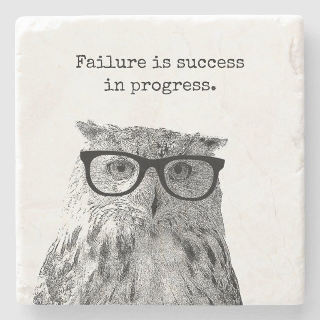 Owl in reading glasses motivational success quote stone coaster (Front)