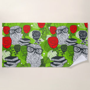 Owl in red roses beach towel