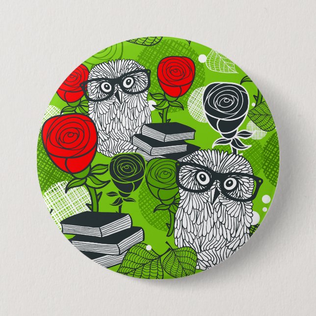 Owl in red roses button (Front)