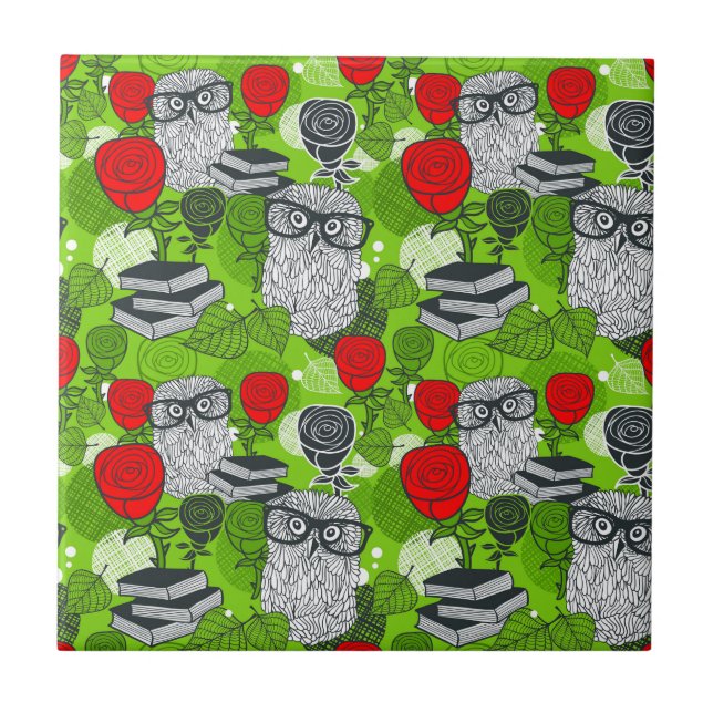 Owl in red roses ceramic tile (Front)