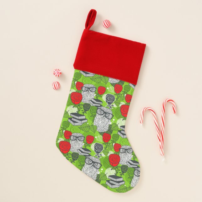 Owl in red roses christmas stocking (Front)