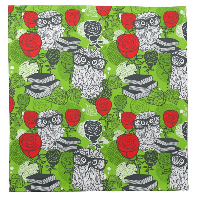 Owl in red roses cloth napkin (Front)