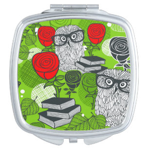 Owl in red roses compact mirror
