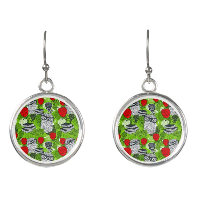 Owl in red roses earrings (Front)