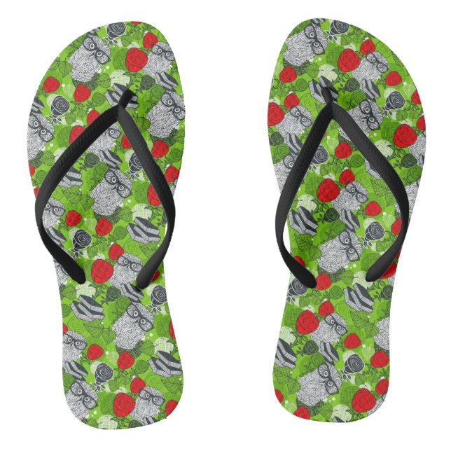 Owl in red roses flip flops (Footbed)