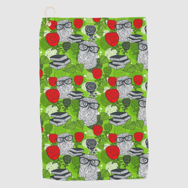 Owl in red roses golf towel (Front)