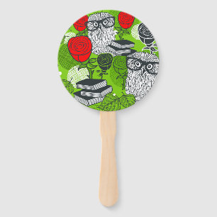 Owl in red roses hand fan