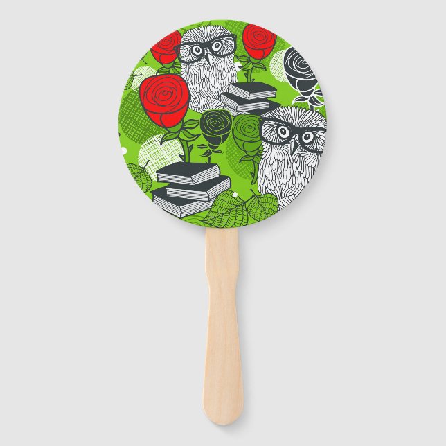 Owl in red roses hand fan (Front)