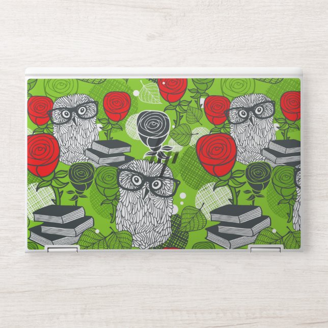 Owl in red roses HP laptop skin (Front)