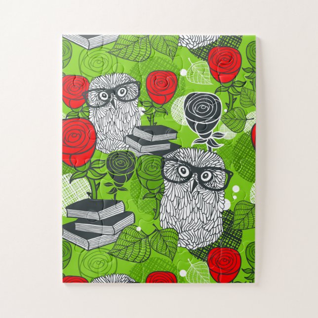Owl in red roses jigsaw puzzle (Vertical)
