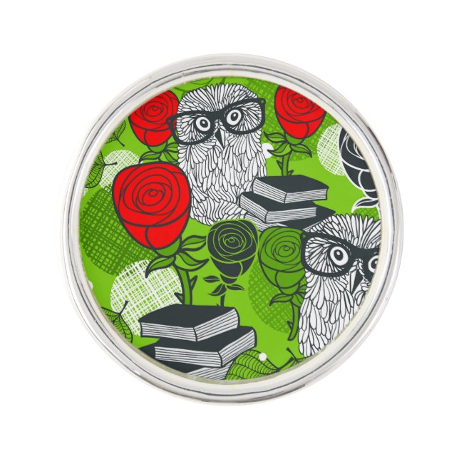 Owl in red roses lapel pin (Front)