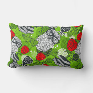 Owl in red roses lumbar pillow