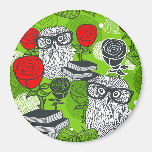 Owl in red roses magnet (Front)