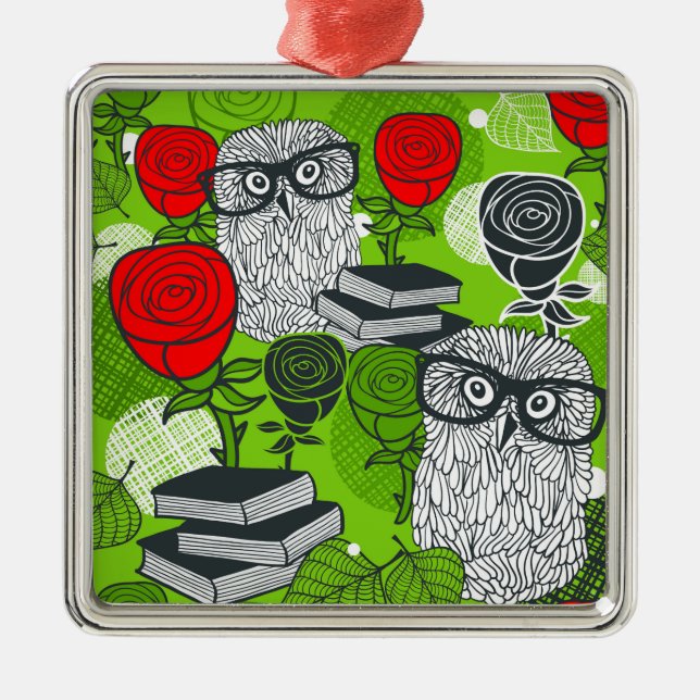 Owl in red roses metal ornament (Front)