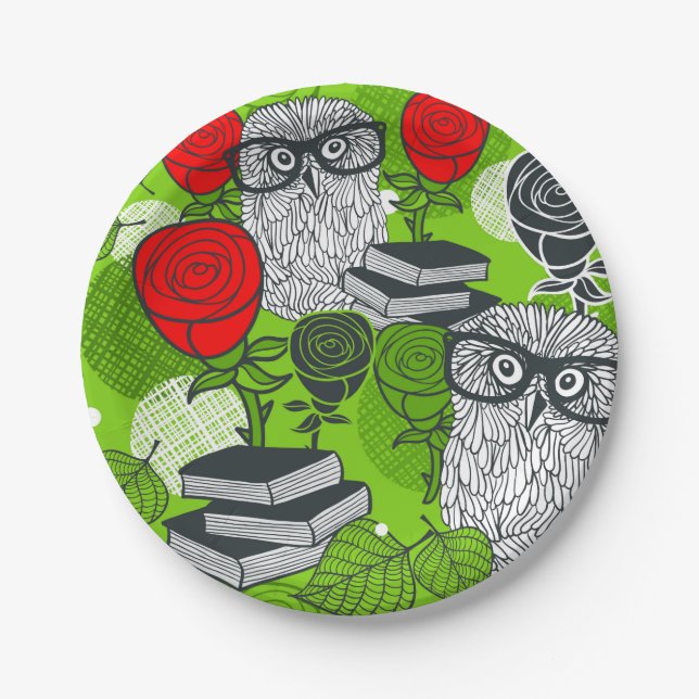 Owl in red roses paper plates (Front)