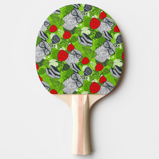 Owl in red roses ping pong paddle (Front)