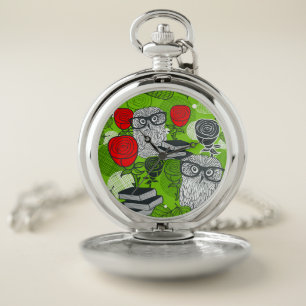 Owl in red roses pocket watch