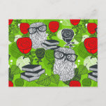 Owl in red roses postcard